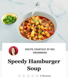 a bowl of food on top of a table with the words speedy hamburger soup above it