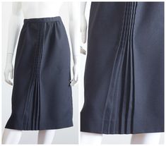 "Vintage black sheath skirt from the late 70s/early 80s. It features a band of stitching down the center front that gracefully flares out into a front pleated panel. An eye catching detail that adding a stylish twist to this classic silhouette. MEASUREMENTS (laid flat; approximate): Waist: 25\"  Hips: 38\"  Length: 27 1/2\" Label Size:  10 (probably closer to a modern US size 4; check measurements carefully) LABEL: Feelin' Jazzie a Division of Happy Legs Inc; ILGWU tag MATERIAL: There is no material label but it's a kind of crepe fabric.  Check out more skirts here: http://etsy.me/1eCIWvt Follow me on Instagram @timetravelfashions NOTE ON SIZING:  Measurements are taken across item laying flat unstretched; bust (armpit to armpit lying flat), waist, and hips are then doubled.  I only includ Twisted Skirt, Sheath Skirt, Batwing Top, Purple Skirt, Blouson Dress, Belted Shirt Dress, Long Blazer, Crepe Fabric, Knit Skirt