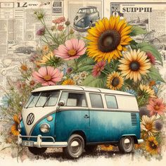 an old vw van parked in front of sunflowers and newspaper clippings