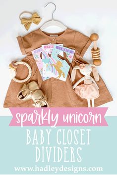 a baby's clothes and accessories with text overlay that reads sparkly unicorn baby closet dividers