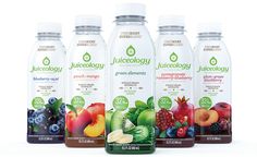 various juices are displayed in front of a white background with the words juiceology on it