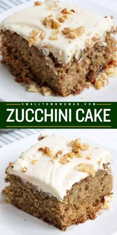 two pictures of zucchini cake with white frosting and walnuts on top