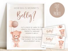 a pink teddy bear baby shower sign next to it's box and its instructions