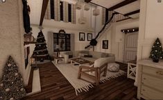 a living room filled with furniture and christmas trees on top of wooden floored floors