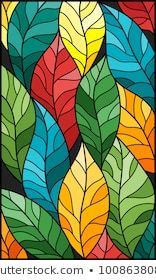 a stained glass window with colorful leaves