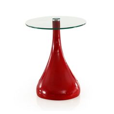 a red table with a glass top and metal base on the bottom, against a white background