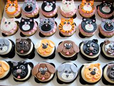 there are many cupcakes that have different designs on them, including cats and dogs