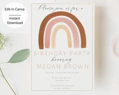 a birthday party card with a rainbow on the front and bottom, surrounded by flowers