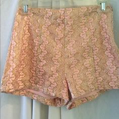 Light Peach With Deco Peach Design And Gold Sequin Side Zip Closure Never Been Worn Peach Lining Gold Bottoms With Built-in Shorts For Summer, Summer High-waisted Gold Shorts, Gold Bottoms For Summer Night Out, Gold Bottoms For Night Out In Summer, Summer High Waist Shorts For Party, Gold Bottoms For Night Out, Gold High-waisted Shorts For Summer, Gold Shorts For Spring Night Out, Gold Shorts For Night Out In Spring