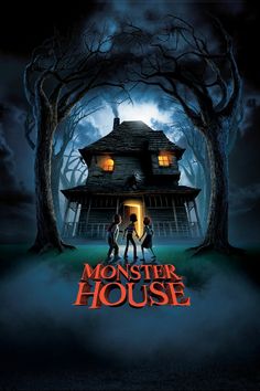 a poster for the movie monster house with two people standing in front of a creepy house