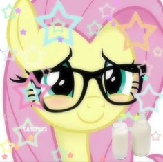 a pink pony with glasses and stars around it