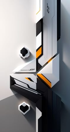 an abstract white and black object with orange accents on the sides, against a gray background