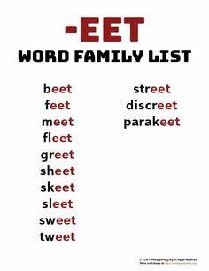 the word family list is shown in red and black, with words that spell out what to