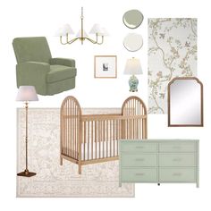 a baby's room with green furniture and wallpaper