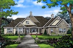 this is an artist's rendering of the front elevation of these country house plans