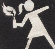 a black and white drawing of a person holding a fire extinguisher