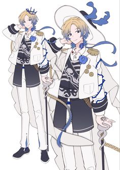 two anime characters are dressed in white and blue outfits, one is holding a cane