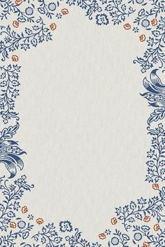 an ornate blue and orange border with flowers, leaves and birds on white paper background