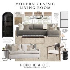 a living room with couches, chairs and other items in the color gray / white