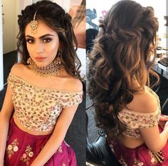 two pictures of a woman with long hair in a pink lehenga and gold jewelry