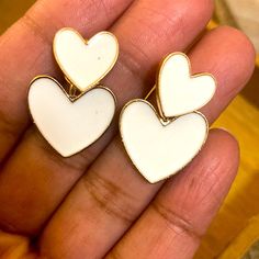 New!! White Heart Earrings. Color White With Gold. Metal Earrings.Earrings Have Two Ways To Use It(Please See Last Picture). You Can Use Only One Heart Or Both Hearts . Bundle With Other Items And Save Cute White Heart Earrings, Trendy White Heart-shaped Earrings, White Heart Charm Earrings, White Heart-shaped Earrings With Heart Charm, White Dangle Heart Earrings For Valentine's Day, Cute White Heart Earrings For Valentine's Day, White Heart Charm Drop Earrings, White Heart Charm Dangle Earrings, White Heart Charm Earrings For Gift