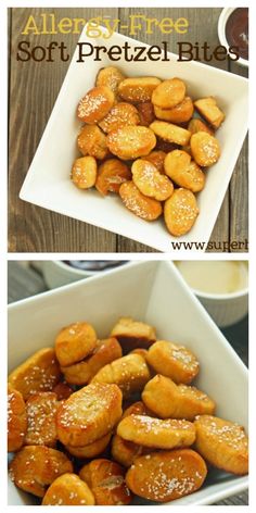 two pictures showing different types of desserts in the same bowl and one with sugar on top