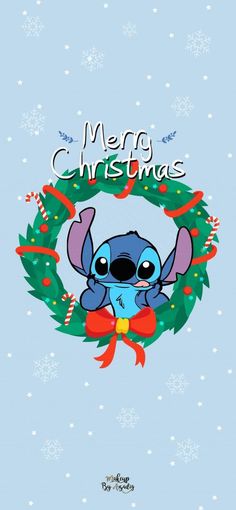 a christmas card with an image of stitchy in a wreath