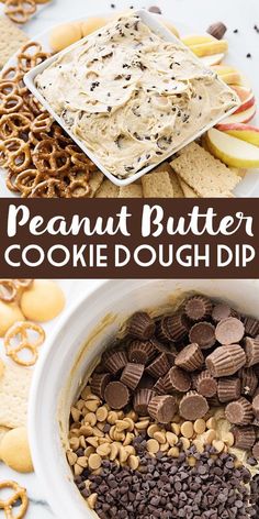 peanut butter cookie dough dip with chocolate chips and pretzels