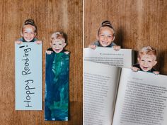 two pictures of children holding up a bookmark and an open book with the same photo on it