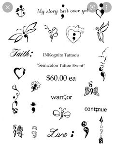 some tattoos that are on the back of a white sheet with black lettering and hearts