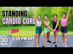 three women standing in front of a poster with the words standing cardio core on it