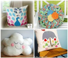 four pillows with different designs on them and the words free pillow sewing patterns below it