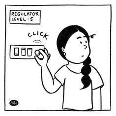 a woman is pointing to a button on the wall that says, regular level 5 click