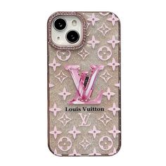 the louis vuitton iphone case is pink and has an embellished v on it