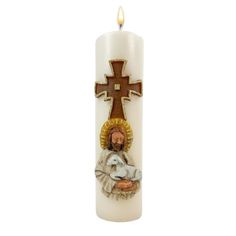 a candle with the image of jesus holding a baby jesus on it's side