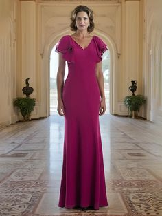 Fuchsia Pink Mother Of The Bride Dresses Long, V-neck Mother Of The Bride Dress With Fitted Bodice, Elegant Fitted Evening Dress With Flutter Sleeve, Elegant Flutter Sleeve Evening Dress For Gala, Elegant Evening Dress With Flutter Sleeves For Gala, Fitted Flutter Sleeve Evening Dress For Wedding, Elegant Ruffled Dress For Mother Of The Bride, Formal Evening Dress With Flutter Sleeves, Elegant Mother Of The Bride Dress With Ruffles