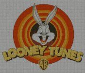 the logo for looney tunes with an image of a rabbit on it's face