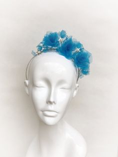 Blue rose wedding headband, blue silk floral crown, Derby blue rose fascinator, stars and flowers he Blue Crown Headpiece For Party, Blue Party Crown Headpiece, Summer Blue Headpiece With Handmade Flowers, Blue Party Headpiece With Handmade Flowers, Whimsical Blue Adjustable Headpiece, Blue Handmade Flowers Headband, Blue Headpiece For Party, Blue Headband With Handmade Flowers, Blue Adjustable Whimsical Headpiece