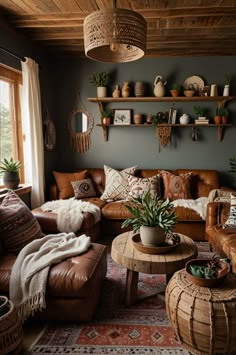 a living room filled with lots of furniture and plants on top of it's shelves