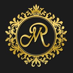 the letter r in gold with a crown on it's head and an ornate frame around