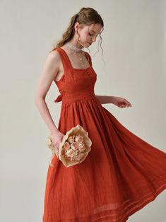 70s Orange Dress, Linen Cocktail Dress, Sleeveless Tea Length Dress For Summer Garden Party, Elegant Square Neck Picnic Dress, Linen Midi Dress With Tie Back, Linen Dress With Tie Back And Square Neck, Square Neck Dress With Tie Back For Picnic, Square Neck Tie Back Dress For Picnic, Square Neck Tie-back Dress For Picnic