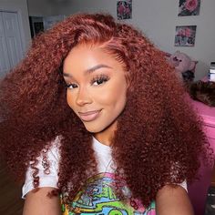 14-30 Inch Jerry Curly Hair Glueless Wig With 13x4 Ear to Ear Lace Frontal, Pre Plucked Natural Hairline With Baby Hair Hair Color Auburn Brown, Hair Bleach, Auburn Brown, Hair Tape, Hair Color Auburn, Glueless Wig, Curly Lace Front Wigs, Colored Wigs, Bleach Dye