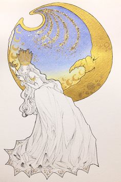 a drawing of a woman with a crown on her head standing in front of the moon