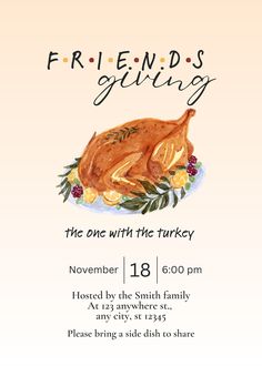 the flyer for friends thanksgiving dinner with a turkey on a platter and leaves around it