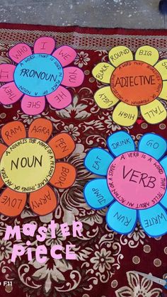 colorful flowers with words written on them sitting on a red tablecloth next to a blue bird