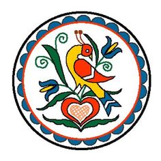 a colorful bird sitting on top of a white and blue flowered design in a circle