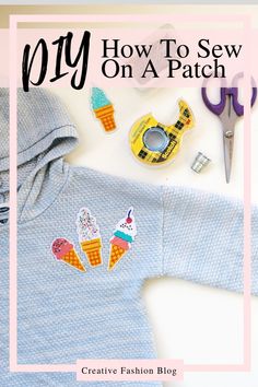 a sweater with ice cream on it next to scissors and other crafting supplies for kids