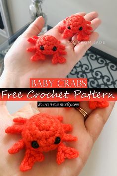 two crocheted crab amigurt dolls in their hands with text overlay that says baby crabs free crochet pattern