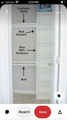 an open closet with white shelves and black arrows pointing to the door, which are labeled