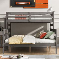 the bunk bed is made up to be used as a child's room or bedroom